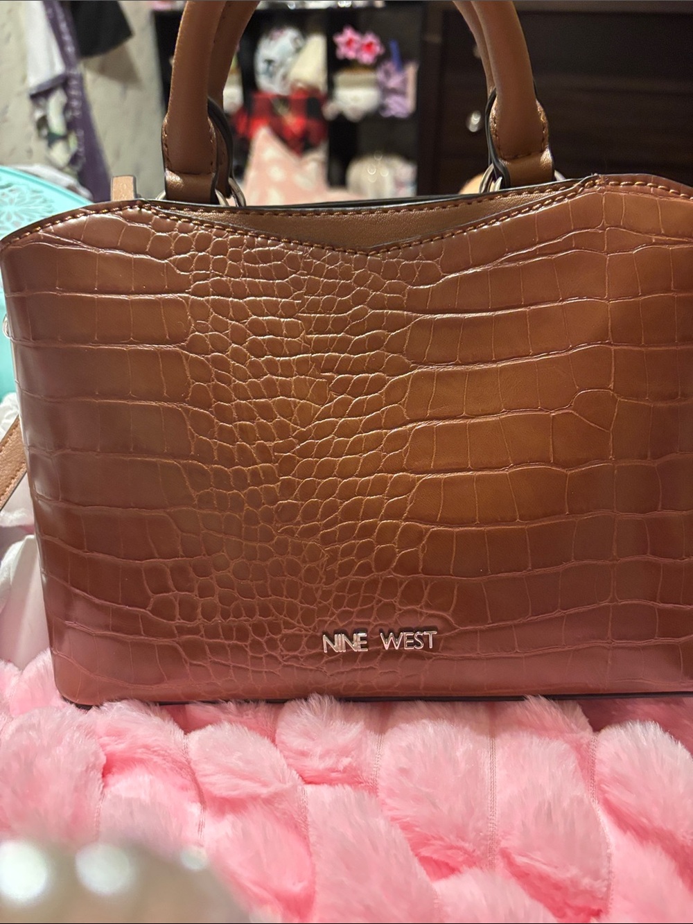 Nine West Cognac Croc-Embossed Top-Handle Satchel